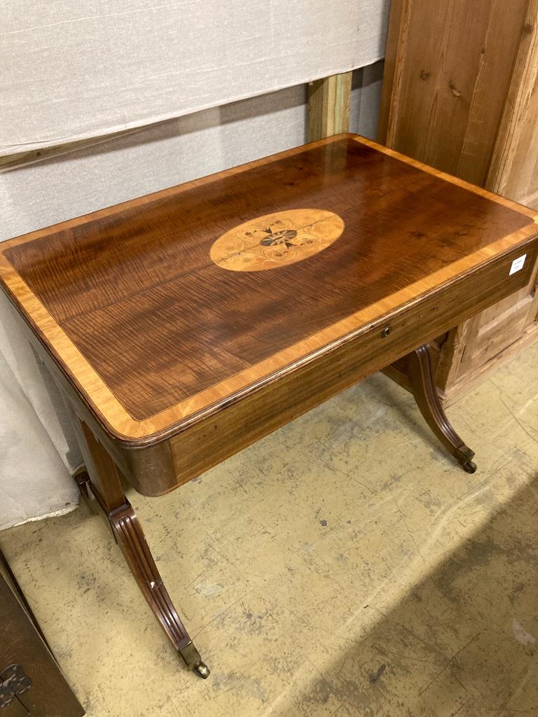 A Regency satin banded inlaid mahogany hinged top writing table, width 93cm depth 61cm height 75cm